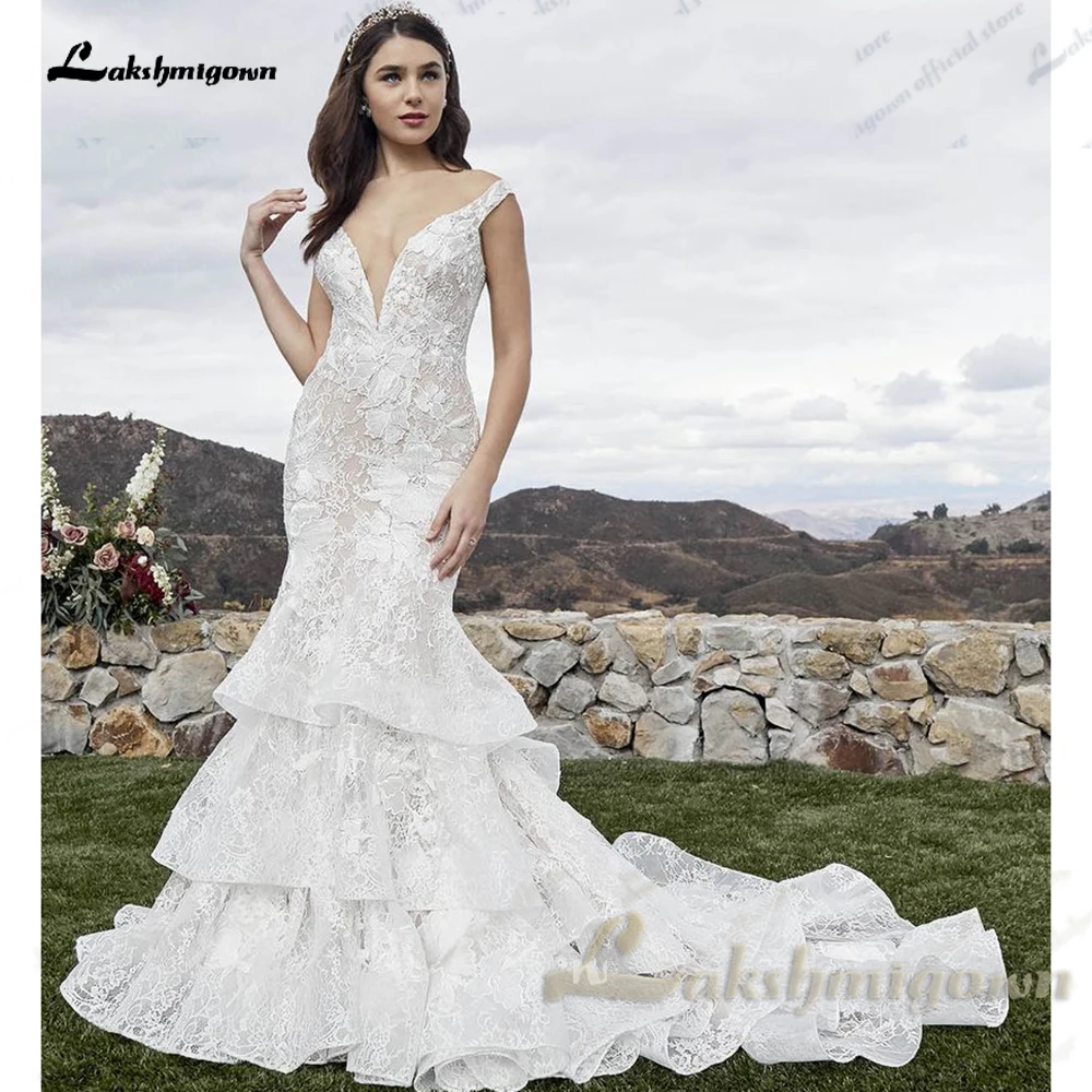 Lakshmigown Mermaid V Neck Lace Applique Boho Wedding Dress Off Shoulder Chapel Train Bridal Gown Customized vestidos de noiva
Lakshmigown Mermaid V Neck Lace Applique Boho Wedding Dress Off Shoulder Chapel Train Bridal Gown Customized vestidos de noiva