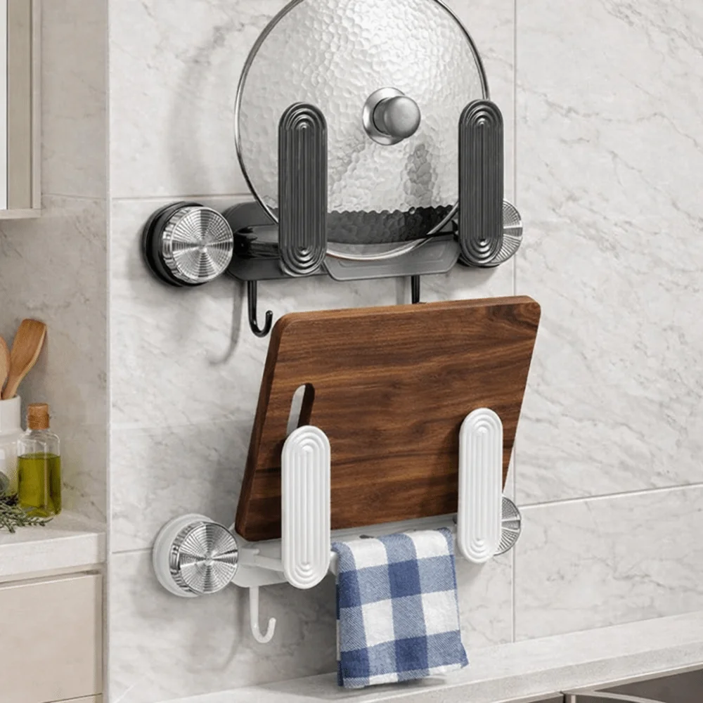 Plastic Suction Cup Pot Lid Holder Space Saving Wall Mounted Pot Cover Rack with Hooks Waterproof Cutting Board Holder for Home
Plastic Suction Cup Pot Lid Holder Space Saving Wall Mounted Pot Cover Rack with Hooks Waterproof Cutting Board Holder for Home