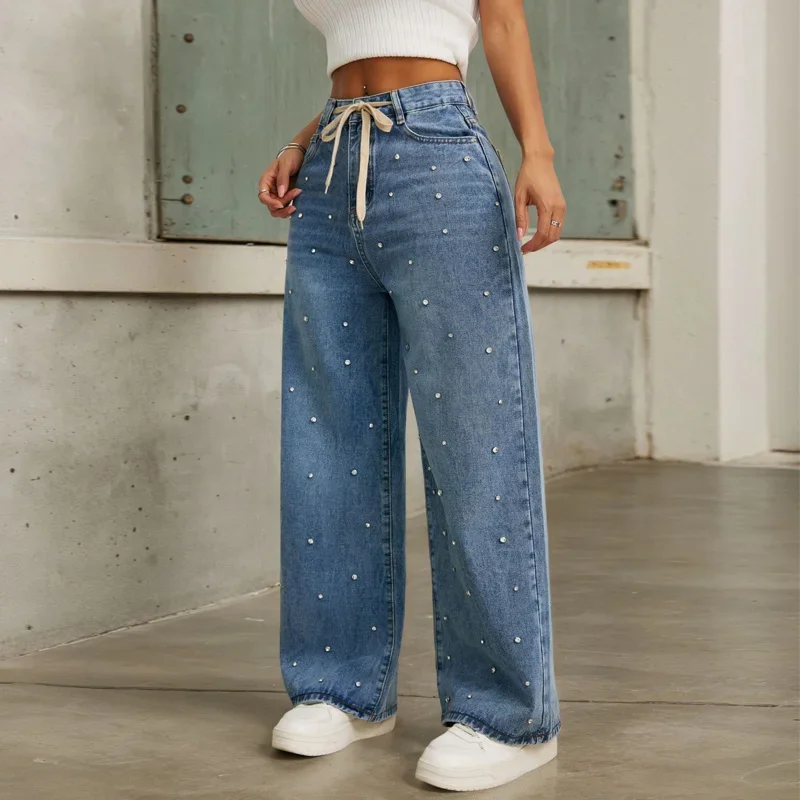 High Waisted Loose Beaded Jeans Women's Streetwear Matching Casual Baggy Pants Woman Drawstring Wide Leg Trousers
High Waisted Loose Beaded Jeans Women's Streetwear Matching Casual Baggy Pants Woman Drawstring Wide Leg Trousers