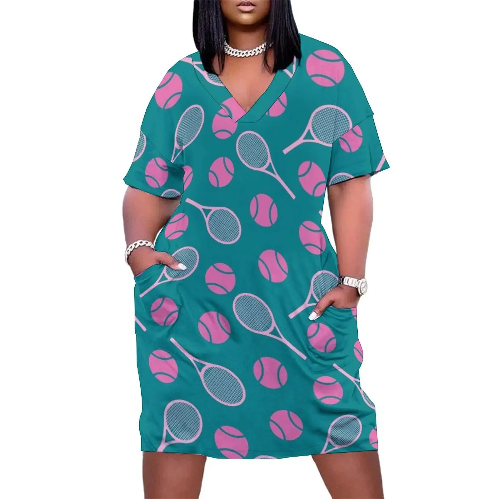 Pink tennis rackets and tennis balls on minty background Loose Pocket Dress Women's evening dress Prom gown
Pink tennis rackets and tennis balls on minty background Loose Pocket Dress Women's evening dress Prom gown