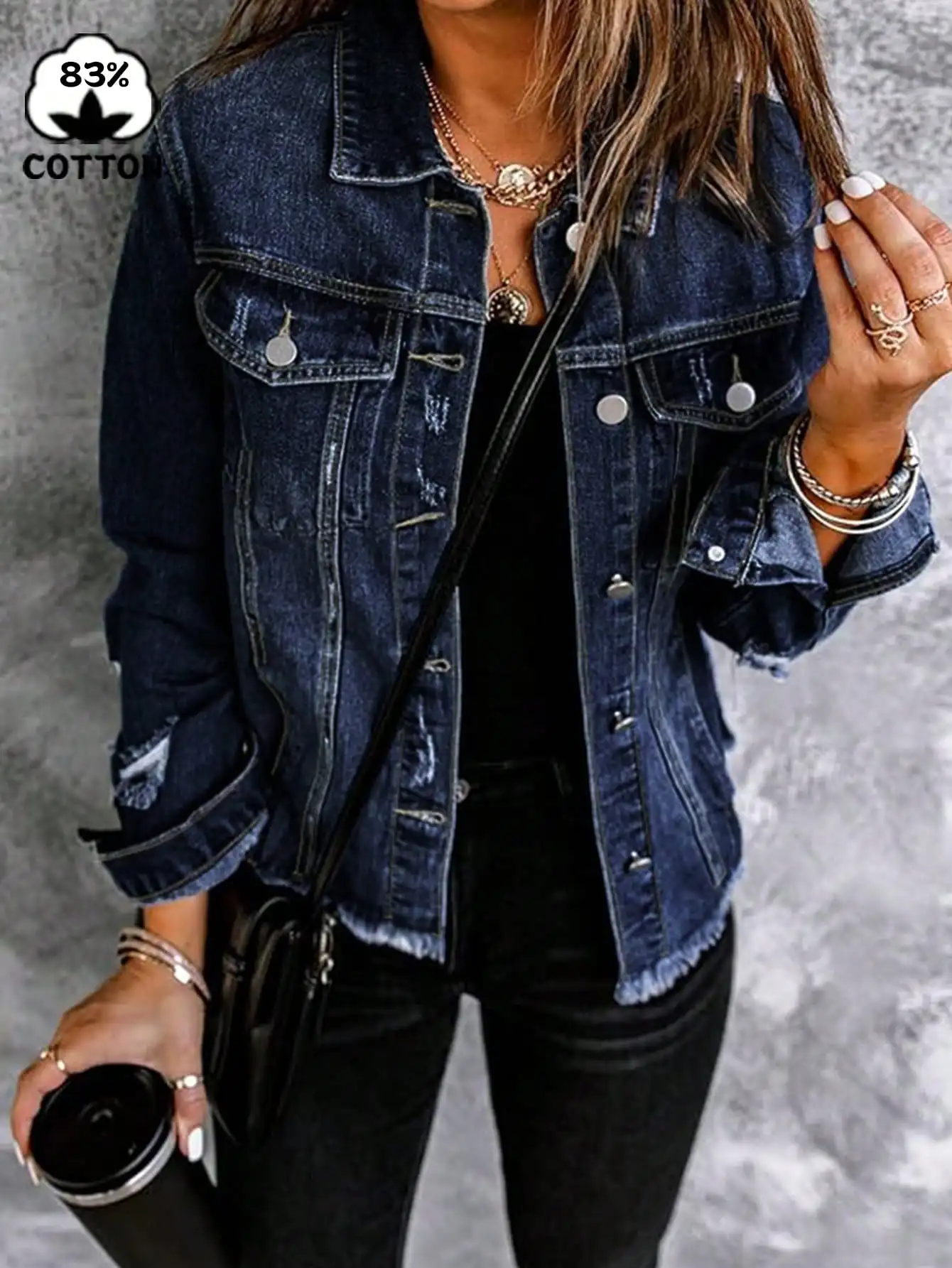 Women's Ripped Raw Hem Denim Jacket with Button Front and Chest Pockets
Women's Ripped Raw Hem Denim Jacket with Button Front and Chest Pockets
