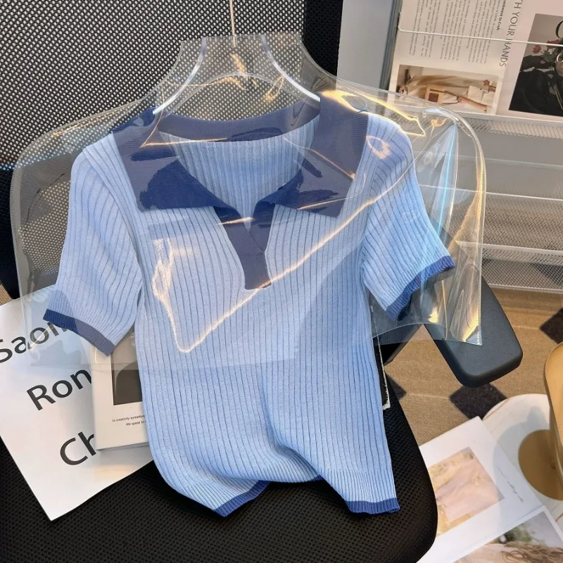 Vintage Polo Collar Knitwear Summer Knit T-Shirts Short-sleeved T-shirt Trend Tops Slim Polo Shirt Women Shirt Aesthetic Clothes
Vintage Polo Collar Knitwear Summer Knit T-Shirts Short-sleeved T-shirt Trend Tops Slim Polo Shirt Women Shirt Aesthetic Clothes