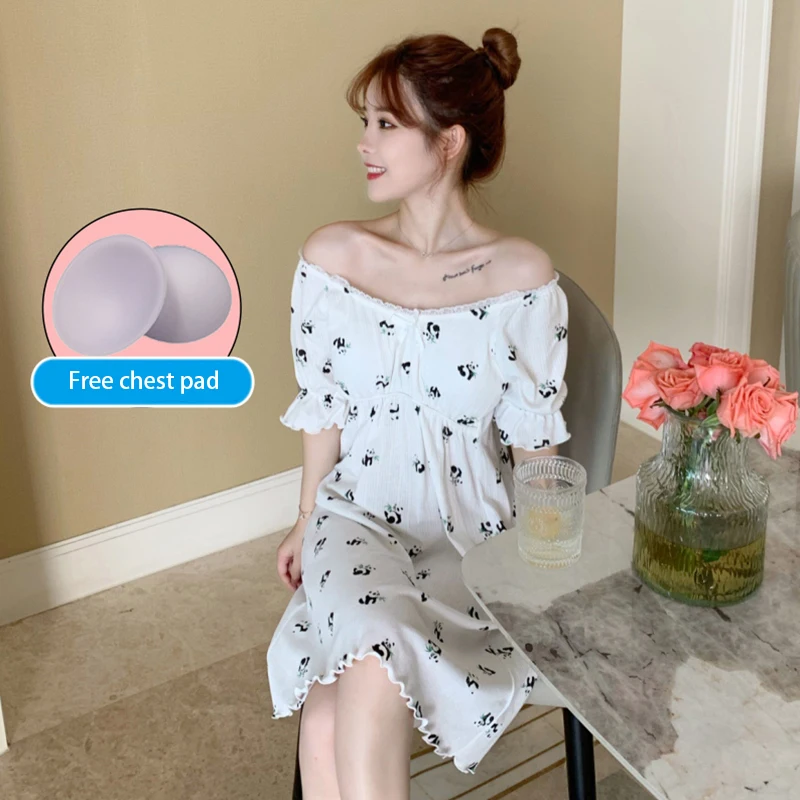 Summer with chest pad Korean style nightdress women's knitted cotton print princess style long sweet and cute home clothes
Summer with chest pad Korean style nightdress women's knitted cotton print princess style long sweet and cute home clothes