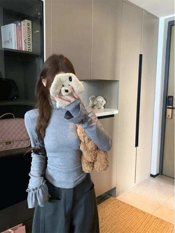 Женский серый вязаный пуловер с длинными рукавами, свитер с рюшами на рукавах, с высоким воротником, облегающий осенний повседневный модный универсальный топ с внутренней стороны
Женский серый вязаный пуловер с длинными рукавами, свитер с рюшами на рукавах, с высоким воротником, облегающий осенний повседневный модный универсальный топ с внутренней стороны