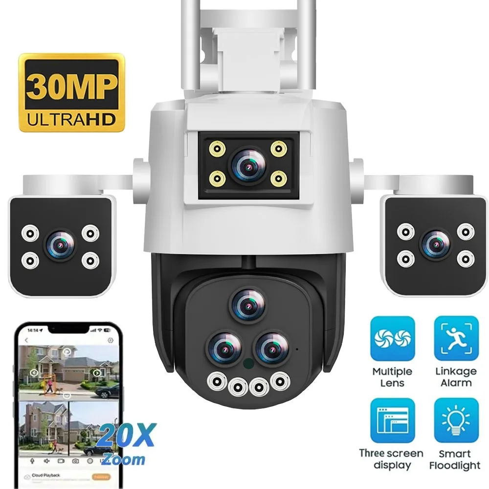 30MP HD WiFi Camera 20X Zoom Five Lens Three Screen Night Vision Two Way Motion Detection Waterproof CCTV Surveillance Cameras
30MP HD WiFi Camera 20X Zoom Five Lens Three Screen Night Vision Two Way Motion Detection Waterproof CCTV Surveillance Cameras