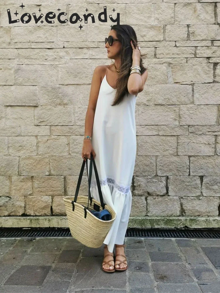 Elegant White Lace Ruffles Sling Long Dress Chic V Neck Backless Sleeveless Loose Dresses Summer Lady Vacation Party Casual Robe
Elegant White Lace Ruffles Sling Long Dress Chic V Neck Backless Sleeveless Loose Dresses Summer Lady Vacation Party Casual Robe
