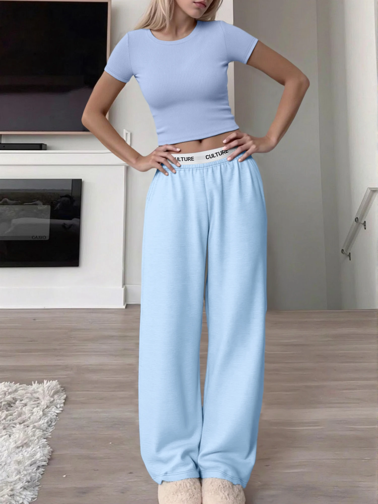 2026 New Rib Knit Two-Piece Outfit O-Neck Crop Tee + Letter Print High Waist Wide Leg Pants Casual Wear
2026 New Rib Knit Two-Piece Outfit O-Neck Crop Tee + Letter Print High Waist Wide Leg Pants Casual Wear