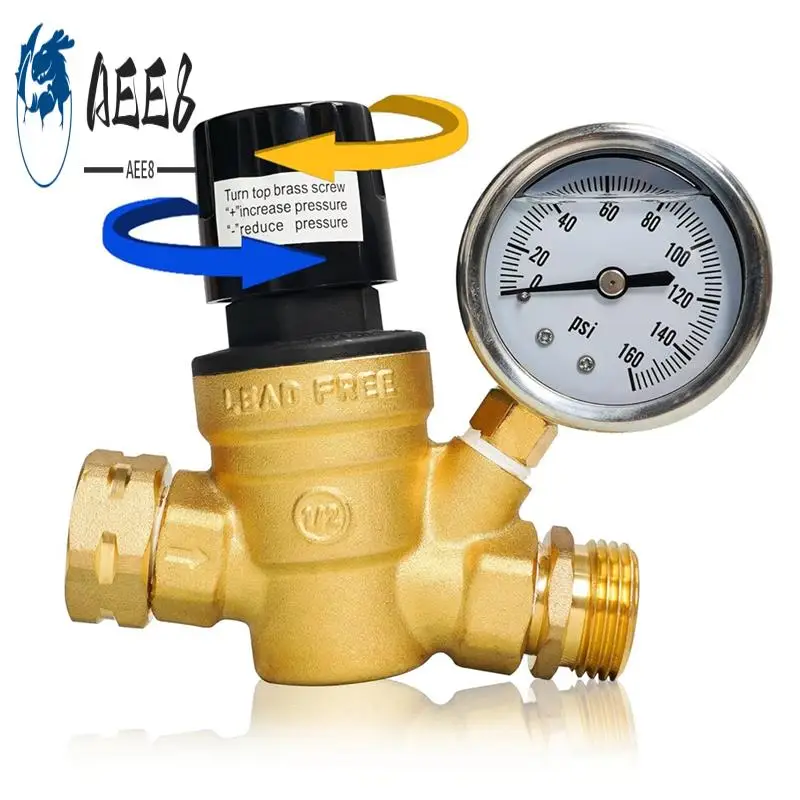 AEE8-RV Water Pressure Regulator, Adjustable Handle Brass Water Pressure Regulator With Gauge And Inlet Screen Filter For RV
AEE8-RV Water Pressure Regulator, Adjustable Handle Brass Water Pressure Regulator With Gauge And Inlet Screen Filter For RV