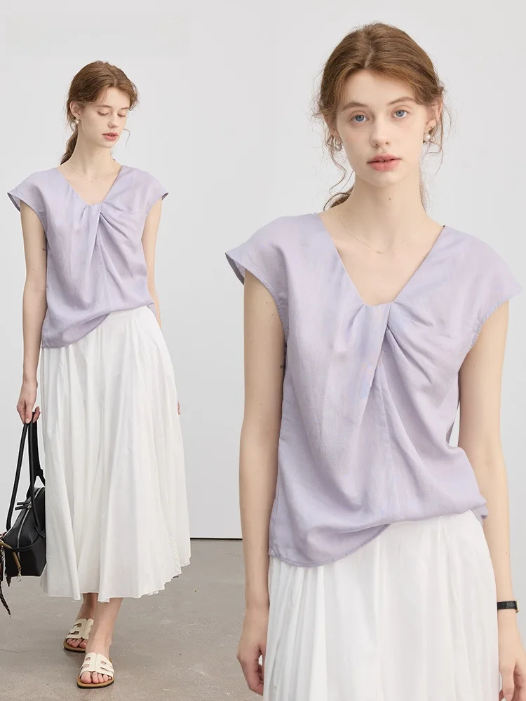 Elegant Purple V-Neck Short Sleeve Shirt Women's Summer Thin Design Sense Slimming Top Lenzing Lyocell Linen Blend Casual Wear
Elegant Purple V-Neck Short Sleeve Shirt Women's Summer Thin Design Sense Slimming Top Lenzing Lyocell Linen Blend Casual Wear