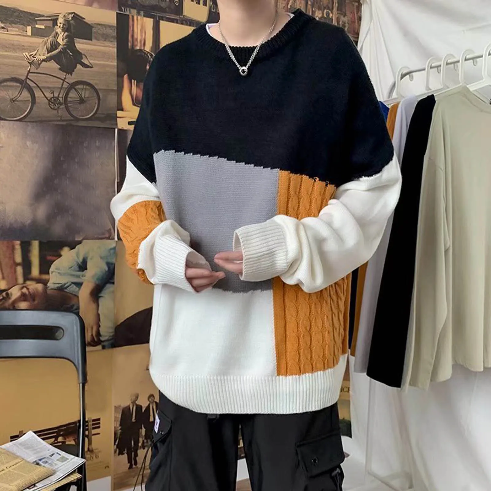 Winter Fashion Sweaters Color Block Sweater Korean Style Pullover Oversized Men's Sweater Harajuku Sueteres Hombre Jumper New
Winter Fashion Sweaters Color Block Sweater Korean Style Pullover Oversized Men's Sweater Harajuku Sueteres Hombre Jumper New