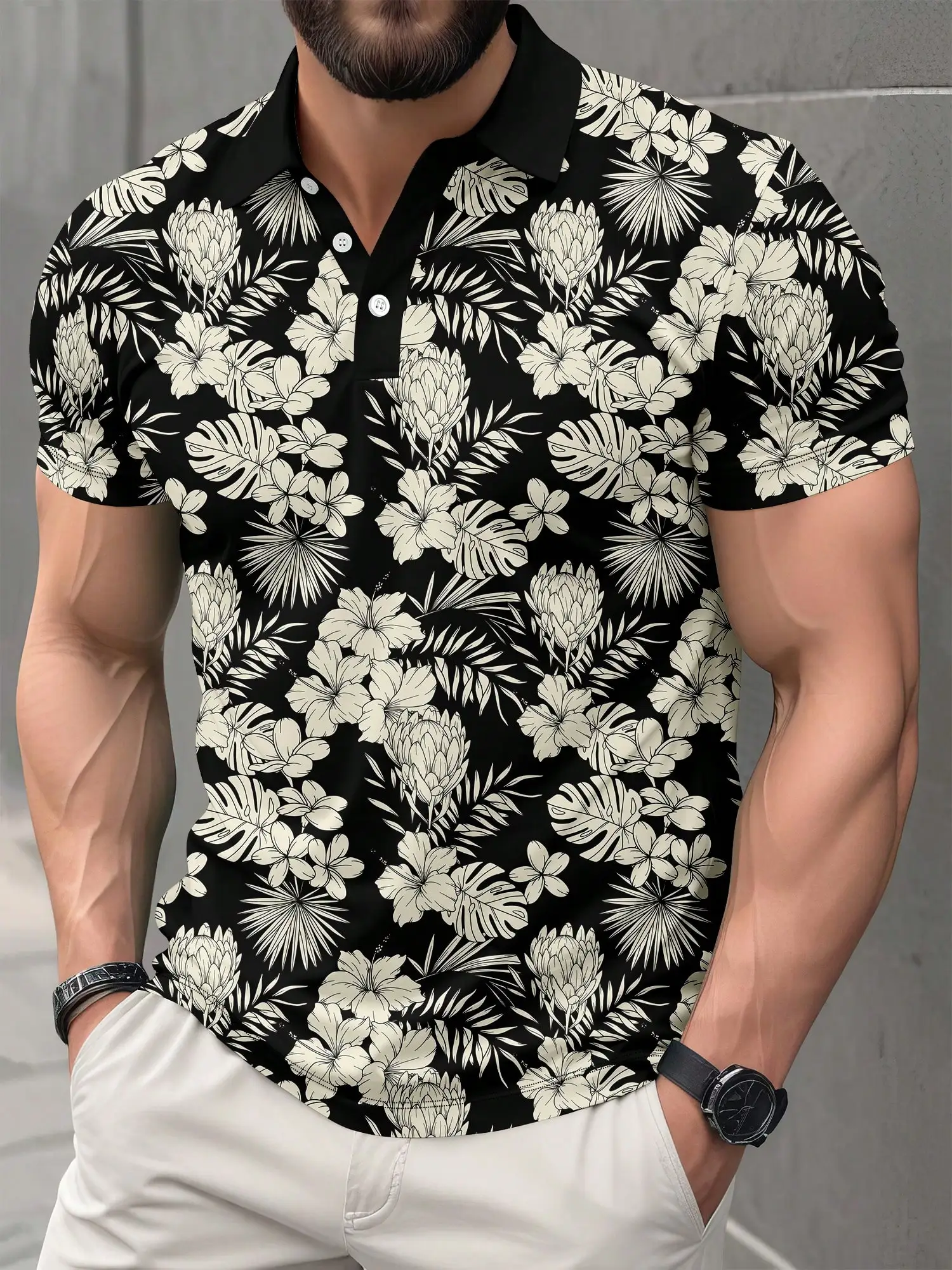 Men's Black & Cream Tropical Floral Print Short Sleeve Polo Shirt
Men's Black & Cream Tropical Floral Print Short Sleeve Polo Shirt