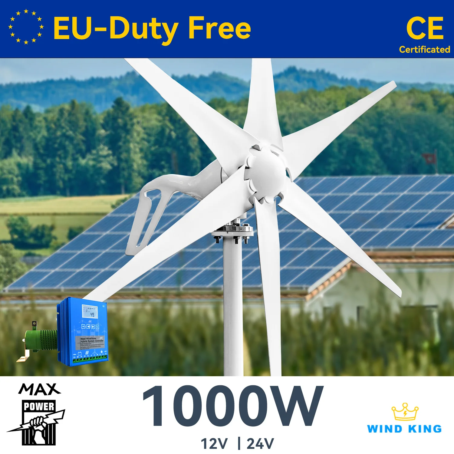 EU Duty Free shipping 1000W Power 1kw Generator Windmills With MPPT Hybrid Solar Charge System, Home Use 6 Blades Horizontal
EU Duty Free shipping 1000W Power 1kw Generator Windmills With MPPT Hybrid Solar Charge System, Home Use 6 Blades Horizontal