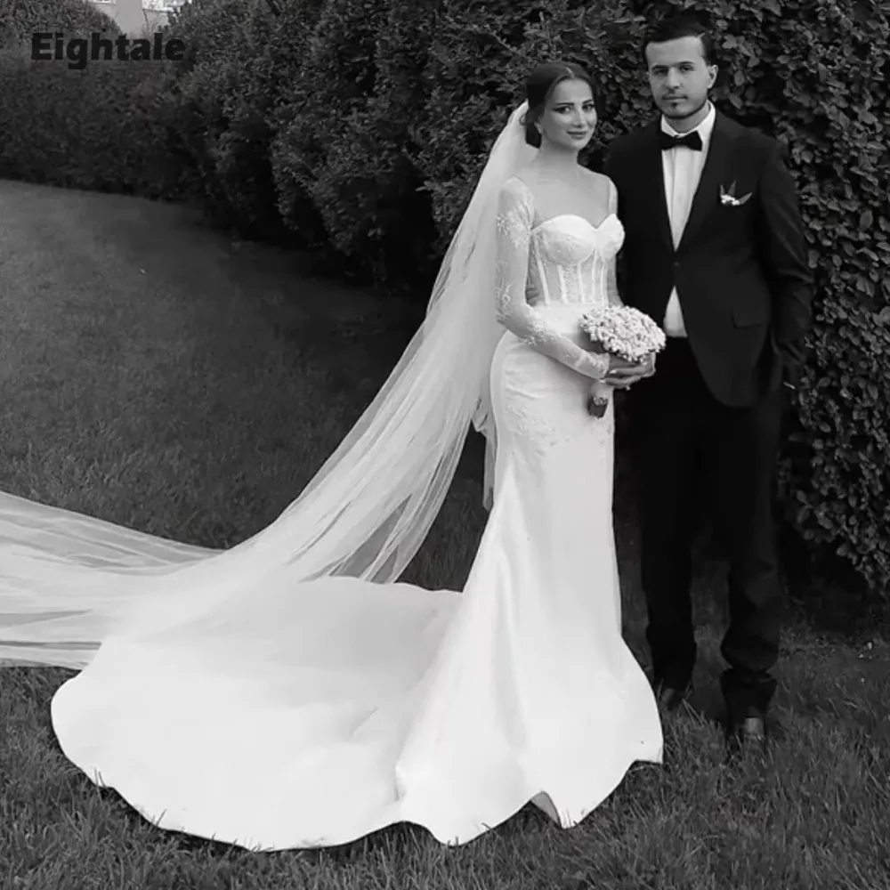Eighale Arabic Wedding Dresses Long Sleeves Sweetheart Lace Mermaid White Ivory Satin Court Train Customized Bridal Gowns
Eighale Arabic Wedding Dresses Long Sleeves Sweetheart Lace Mermaid White Ivory Satin Court Train Customized Bridal Gowns