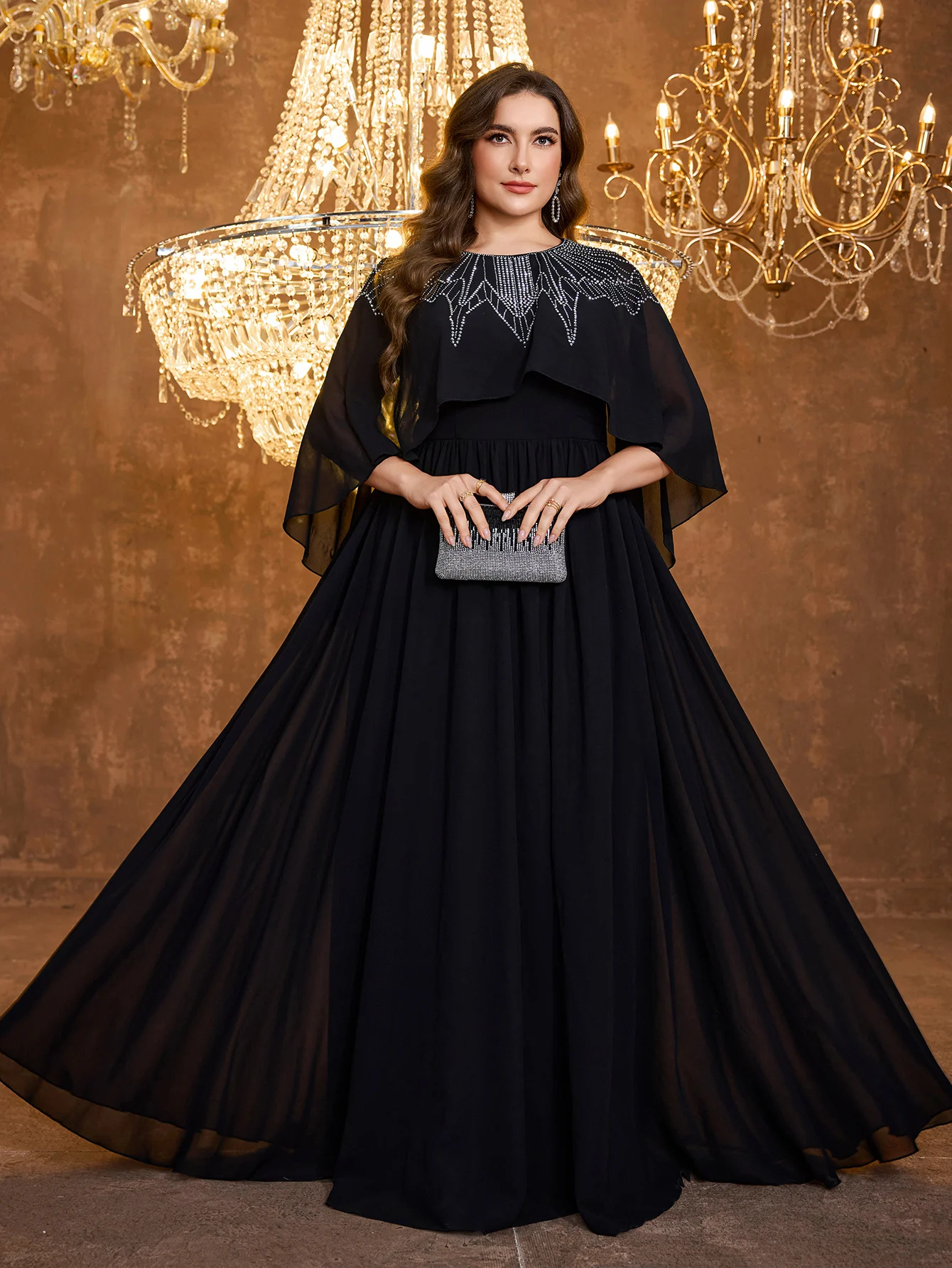 UNITHORSE Plus Women's Round-Neck Cape Sleeve Handmade Bright Diamond Ruched Chiffon Evening Drees
UNITHORSE Plus Women's Round-Neck Cape Sleeve Handmade Bright Diamond Ruched Chiffon Evening Drees