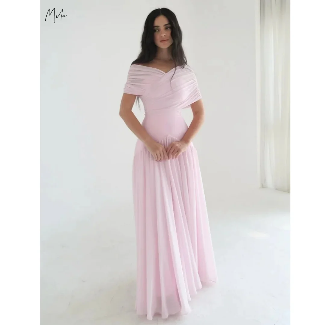 Mila Blush Pink Off-the-shoulder V-neck Short Sleeve Prom Dresses Ruched Bodice Customized Formal Evening Chiffon A-line 2025
Mila Blush Pink Off-the-shoulder V-neck Short Sleeve Prom Dresses Ruched Bodice Customized Formal Evening Chiffon A-line 2025