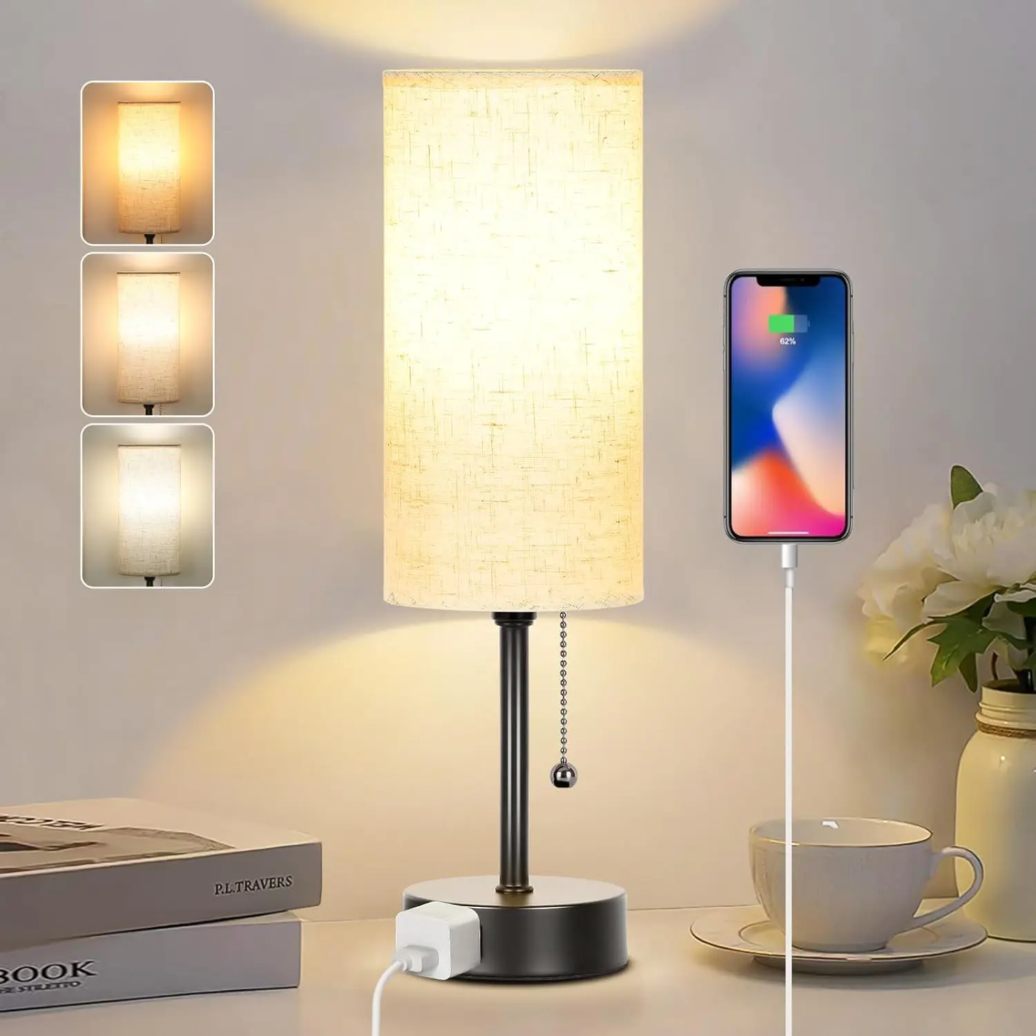 3-Color Pull Chain Bedside Lamp with AC Outlet, Small Nightstand Light for Bedroom, Desk Reading, Dorm, Office - Bulb Included
3-Color Pull Chain Bedside Lamp with AC Outlet, Small Nightstand Light for Bedroom, Desk Reading, Dorm, Office - Bulb Included