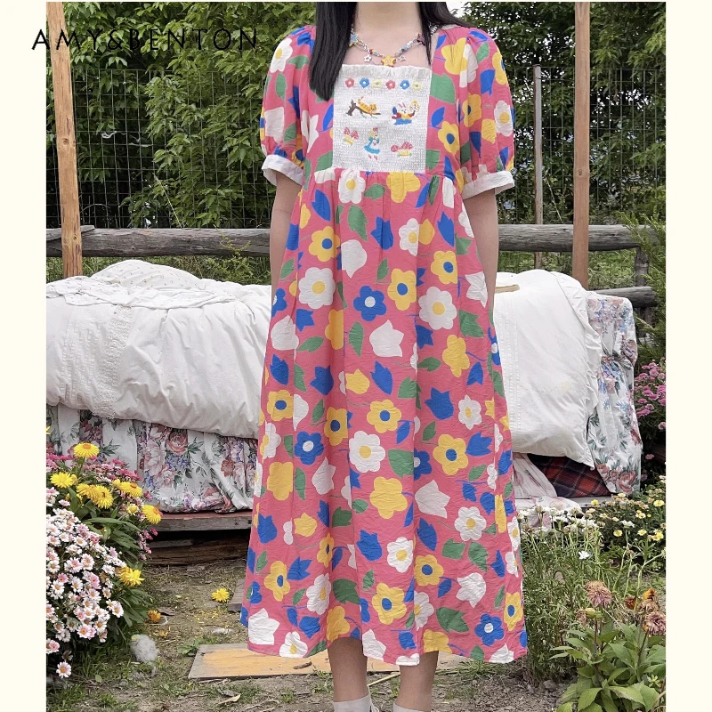 Summer Women's Clothing Cute Childlike Cotton Embroidered Printing Bubble Sleeve Long Dress Loose Sweet A-Line Dresses Female
Summer Women's Clothing Cute Childlike Cotton Embroidered Printing Bubble Sleeve Long Dress Loose Sweet A-Line Dresses Female