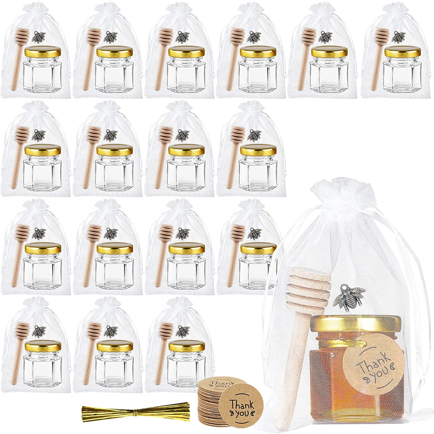 Mini Hexagonal Glass Honey Jars with Wooden Dippers, Bee Pendant, Gift Bag, Gold Twist Tie and Tags, Small Glass Jars
Mini Hexagonal Glass Honey Jars with Wooden Dippers, Bee Pendant, Gift Bag, Gold Twist Tie and Tags, Small Glass Jars