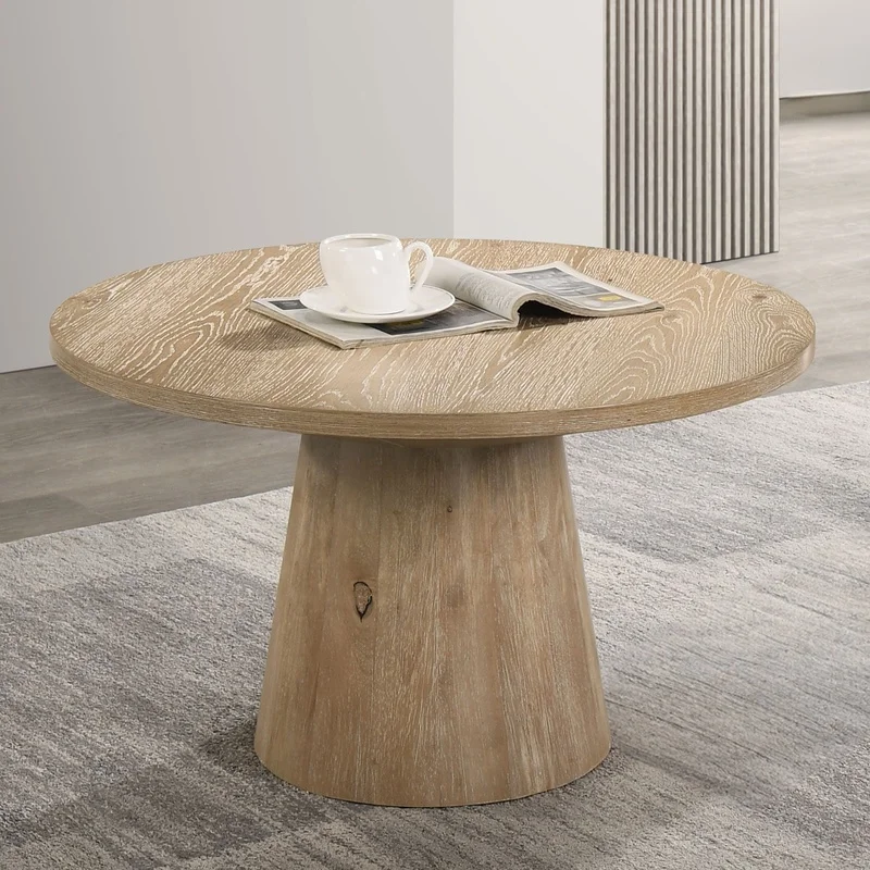 Contemporary Round Coffee Table with Cone Pedestal Base, Rubberwood Frame, Oak Finish
Contemporary Round Coffee Table with Cone Pedestal Base, Rubberwood Frame, Oak Finish