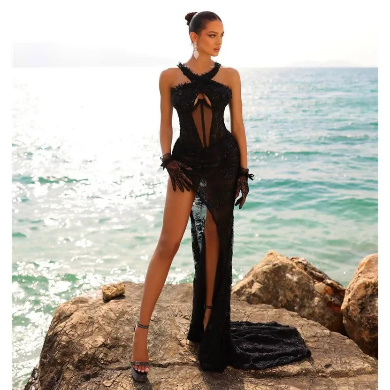 New Arrival Fashionable Gloves Black Lace Halter Neck High Slit Long Dress Goddess Party Evening Performance Gown
New Arrival Fashionable Gloves Black Lace Halter Neck High Slit Long Dress Goddess Party Evening Performance Gown