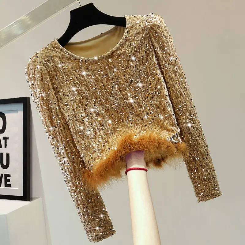 Small Feather Stitching Sequin T-shirt Korean Style High Waist Short Pleuche Long Sleeve Solid Color Bottoming Shirt for Women
Small Feather Stitching Sequin T-shirt Korean Style High Waist Short Pleuche Long Sleeve Solid Color Bottoming Shirt for Women