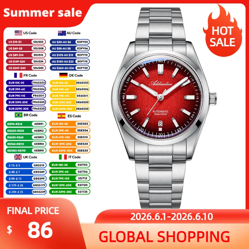 ADDIESDIVE 39mm Luxury Men's Mechanical Wristwatches K1 Bubble Glass 100m Waterproof Luminous Watch 8215 Automatic Dive Watches
ADDIESDIVE 39mm Luxury Men's Mechanical Wristwatches K1 Bubble Glass 100m Waterproof Luminous Watch 8215 Automatic Dive Watches