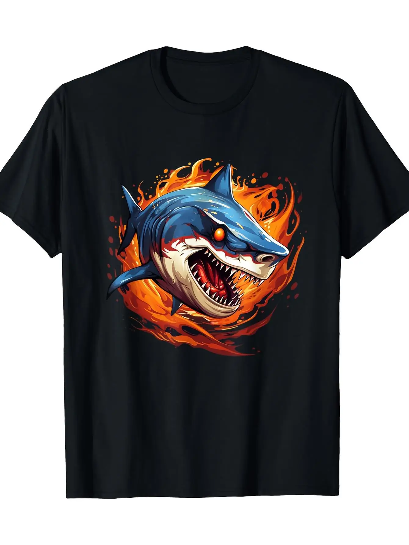 Футболка с графическим принтом Black Shark & Flames - 100% хлопок, плотность 180 г/м², повседневная модель с дизайном синей акулы, красными глазами и огненными зубами.
Футболка с графическим принтом Black Shark & Flames - 100% хлопок, плотность 180 г/м², повседневная модель с дизайном синей акулы, красными глазами и огненными зубами.