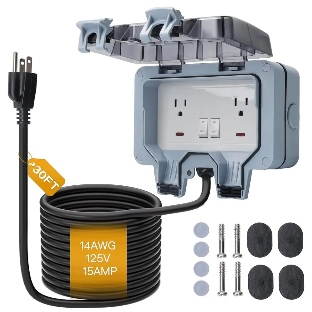 Outdoor Power Outlet with 30T Extension Cord, IP66 Waterproo Outdoor Wall Power Socket with Cover, 125V 15Amp 2-Gang Switched Wa
Outdoor Power Outlet with 30T Extension Cord, IP66 Waterproo Outdoor Wall Power Socket with Cover, 125V 15Amp 2-Gang Switched Wa