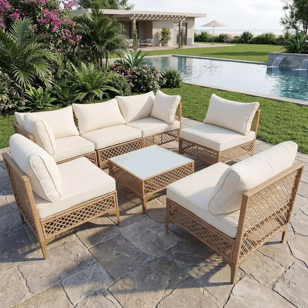 7-Piece Outdoor Sectional Set with PE Rattan Wicker, Patio Sofa, Weather-Resistant Cushions and Coffee Table for Garden, Deck, B
7-Piece Outdoor Sectional Set with PE Rattan Wicker, Patio Sofa, Weather-Resistant Cushions and Coffee Table for Garden, Deck, B