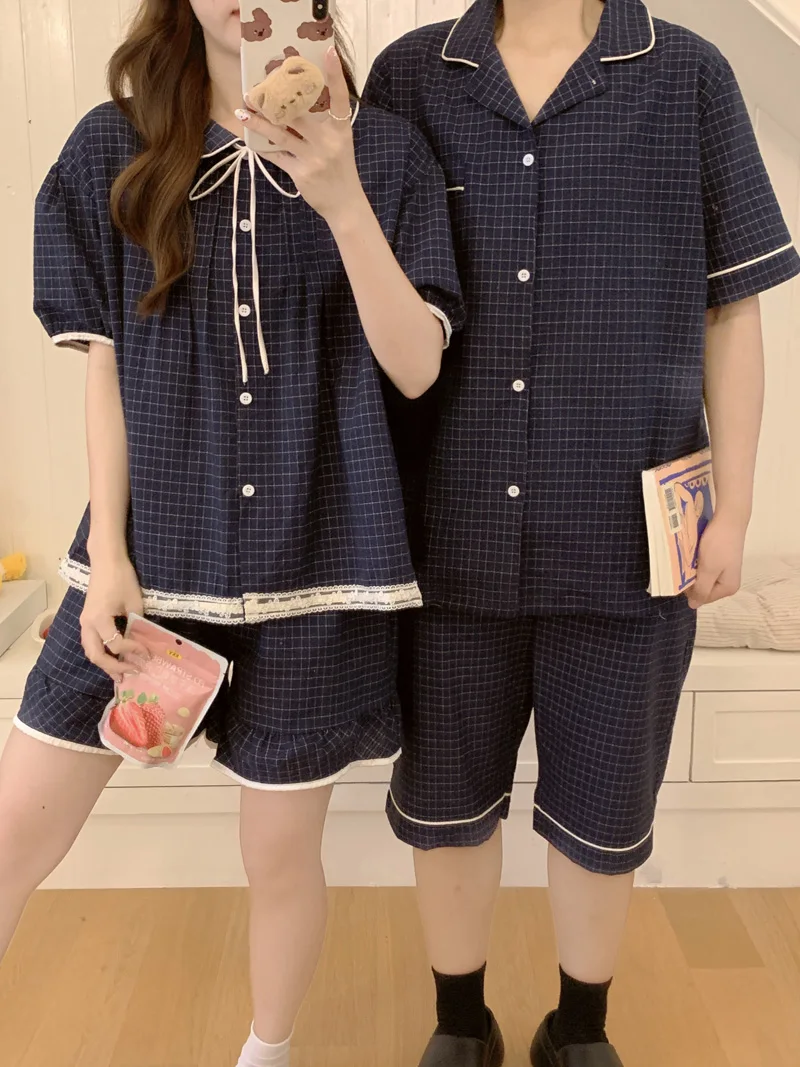 couple lovers plaid summer pajamas set women peter pan collar shirts + shorts set korean casual home suit loose vintage kawaii
couple lovers plaid summer pajamas set women peter pan collar shirts + shorts set korean casual home suit loose vintage kawaii