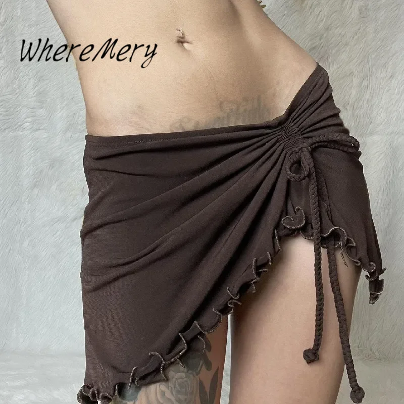 WhereMery Vintage Irregular Shape Mini Skirt Brown Sexy Bandage Draw-string Low-waist Skirts Fashion Chic Streetwear Short Dress
WhereMery Vintage Irregular Shape Mini Skirt Brown Sexy Bandage Draw-string Low-waist Skirts Fashion Chic Streetwear Short Dress