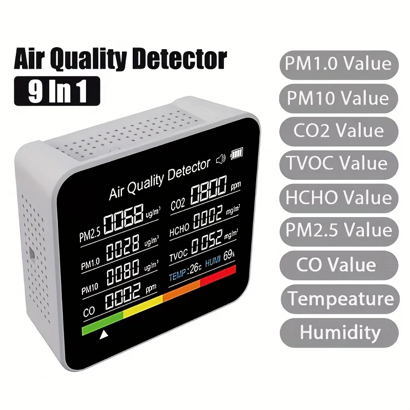 Детектор CO2 монитора качества воздуха 9-в-1 с цифровым дисплеем для CO TVOC HCHO PM2.5 PM1.0, PM10 Дані в реальном времени для дома и офиса
Детектор CO2 монитора качества воздуха 9-в-1 с цифровым дисплеем для CO TVOC HCHO PM2.5 PM1.0, PM10 Дані в реальном времени для дома и офиса