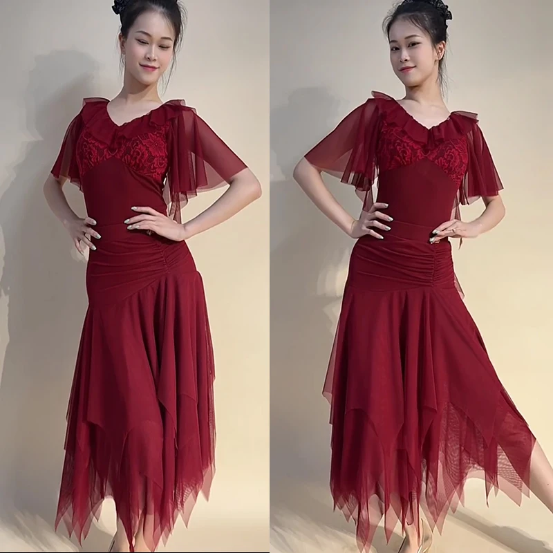 Ballroom Dance Costume Women Wine Red Mesh Tops Irreguar Multi-Layers Skirt Waltz Dance Dresses Competition Performance Wear 
Ballroom Dance Costume Women Wine Red Mesh Tops Irreguar Multi-Layers Skirt Waltz Dance Dresses Competition Performance Wear