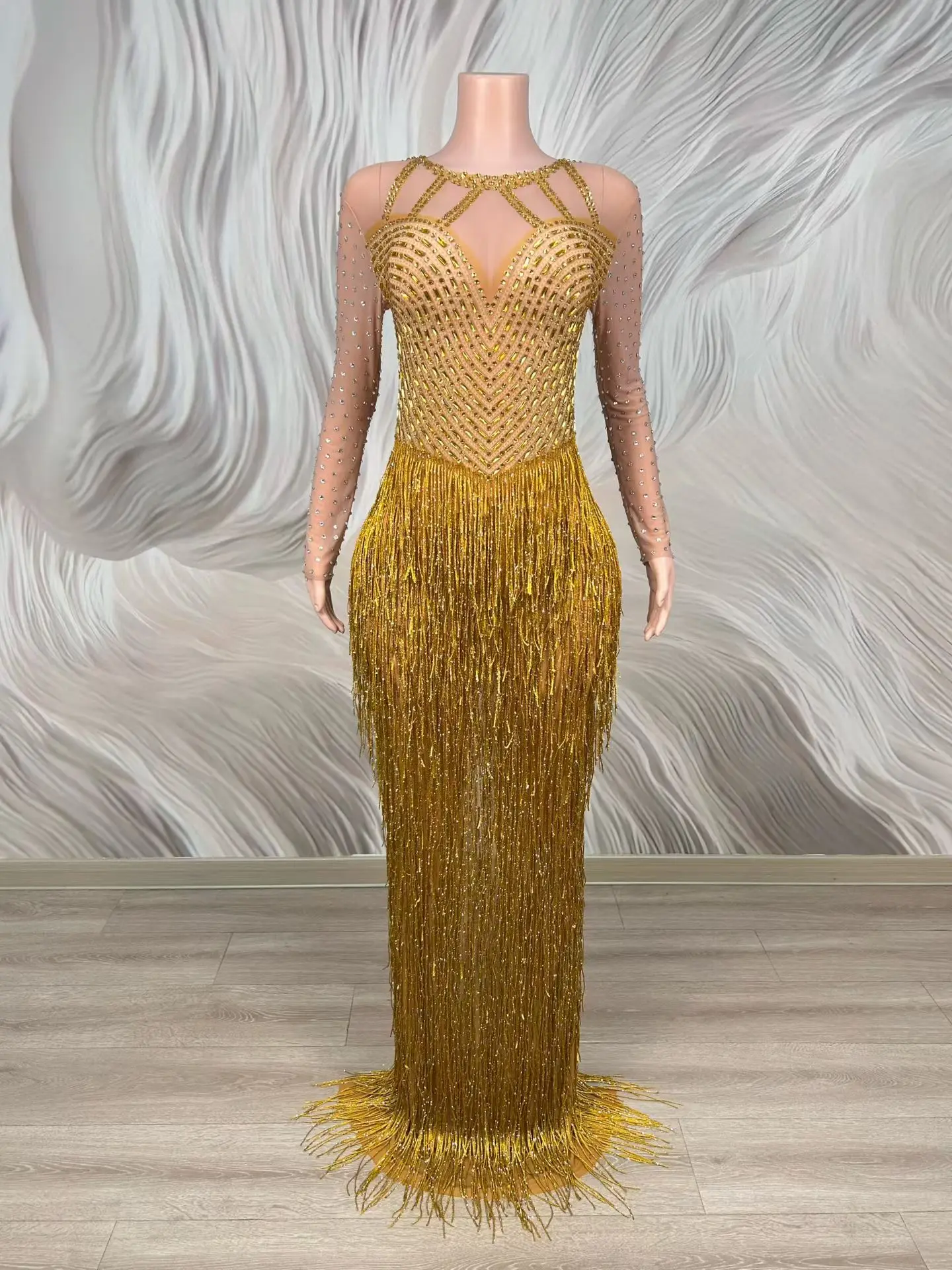 Xiangyu Women Gold Rhinestone Fringe Mermaid Evening Dress Long Sleeve Formal Birthday Party Prom Gown
Xiangyu Women Gold Rhinestone Fringe Mermaid Evening Dress Long Sleeve Formal Birthday Party Prom Gown