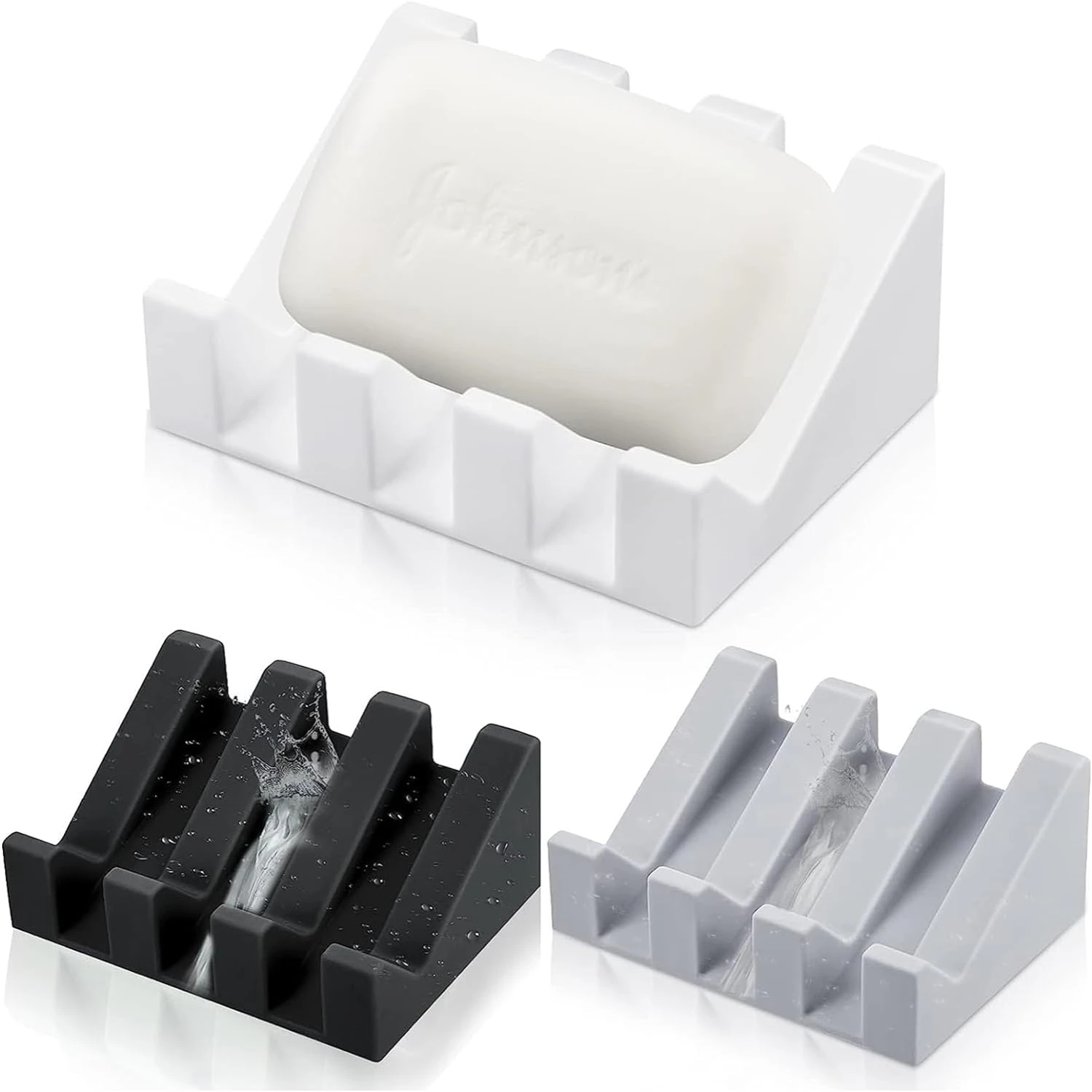 Modern, Elegant, Stylish Set of Three Sleek Black, White, and Gray Silicone Soap Holders for Organizing Essential Items and Keep
Modern, Elegant, Stylish Set of Three Sleek Black, White, and Gray Silicone Soap Holders for Organizing Essential Items and Keep