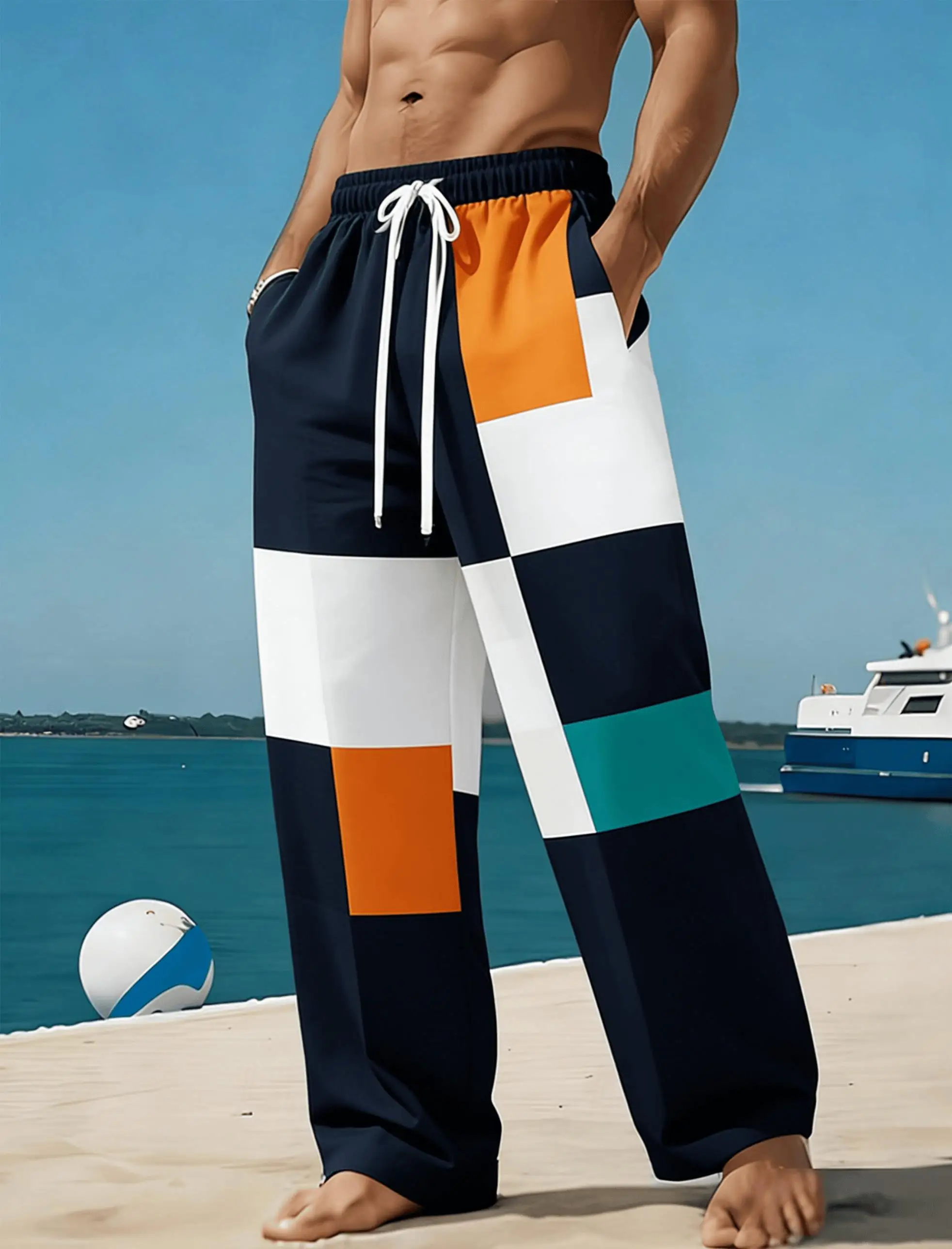 Men's Color Block Geometric Square Print Casual Pants, Spring Summer Beach Vacation Loose Straight Trousers, Drawstring Waist
Men's Color Block Geometric Square Print Casual Pants, Spring Summer Beach Vacation Loose Straight Trousers, Drawstring Waist