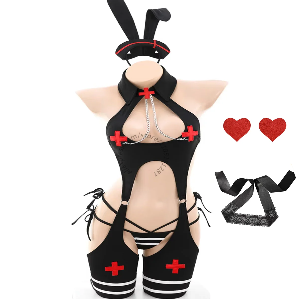 LISM Black Bunny Nurse Lingerie Set Halter Hollow Out Bodysuit with Cross Rabbit Ears Headband Garter Belt for Women Role Play
LISM Black Bunny Nurse Lingerie Set Halter Hollow Out Bodysuit with Cross Rabbit Ears Headband Garter Belt for Women Role Play