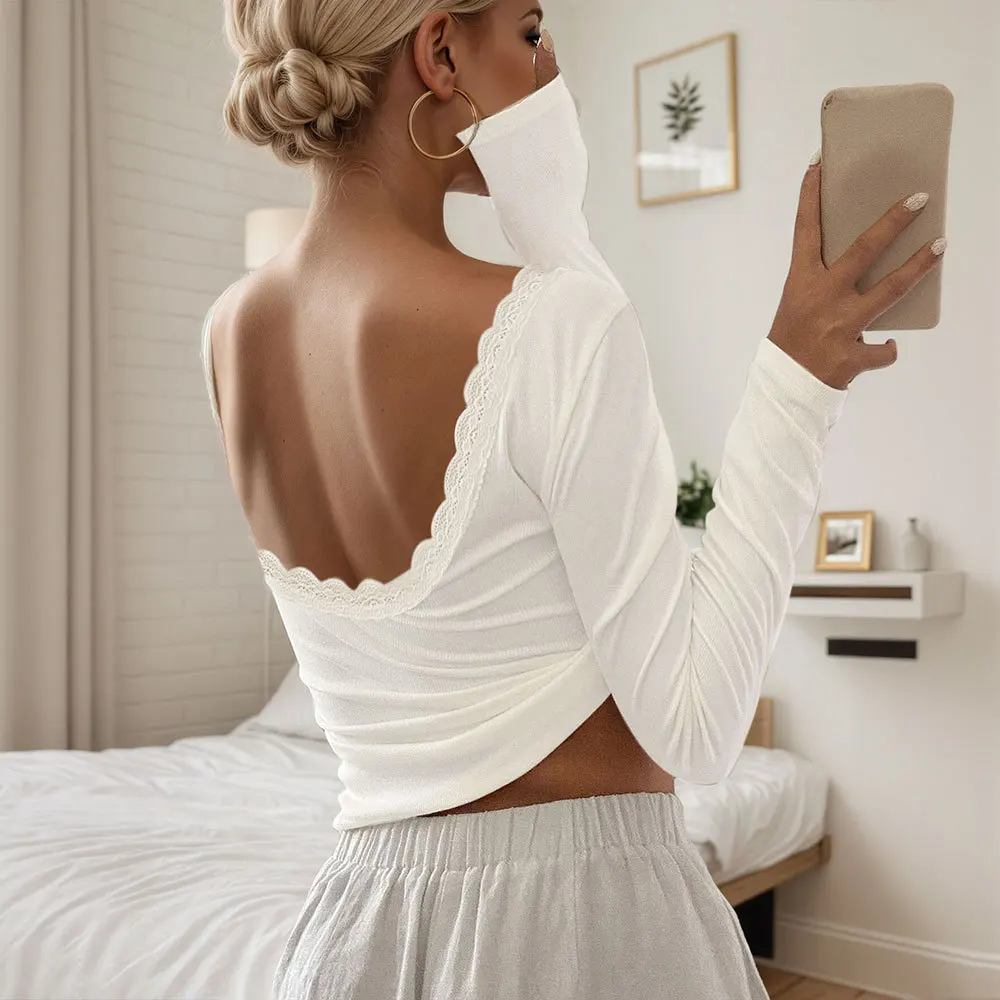 Best-selling spliced lace trim ribbed sexy sweet hot backless slim fit long sleeve top
Best-selling spliced lace trim ribbed sexy sweet hot backless slim fit long sleeve top