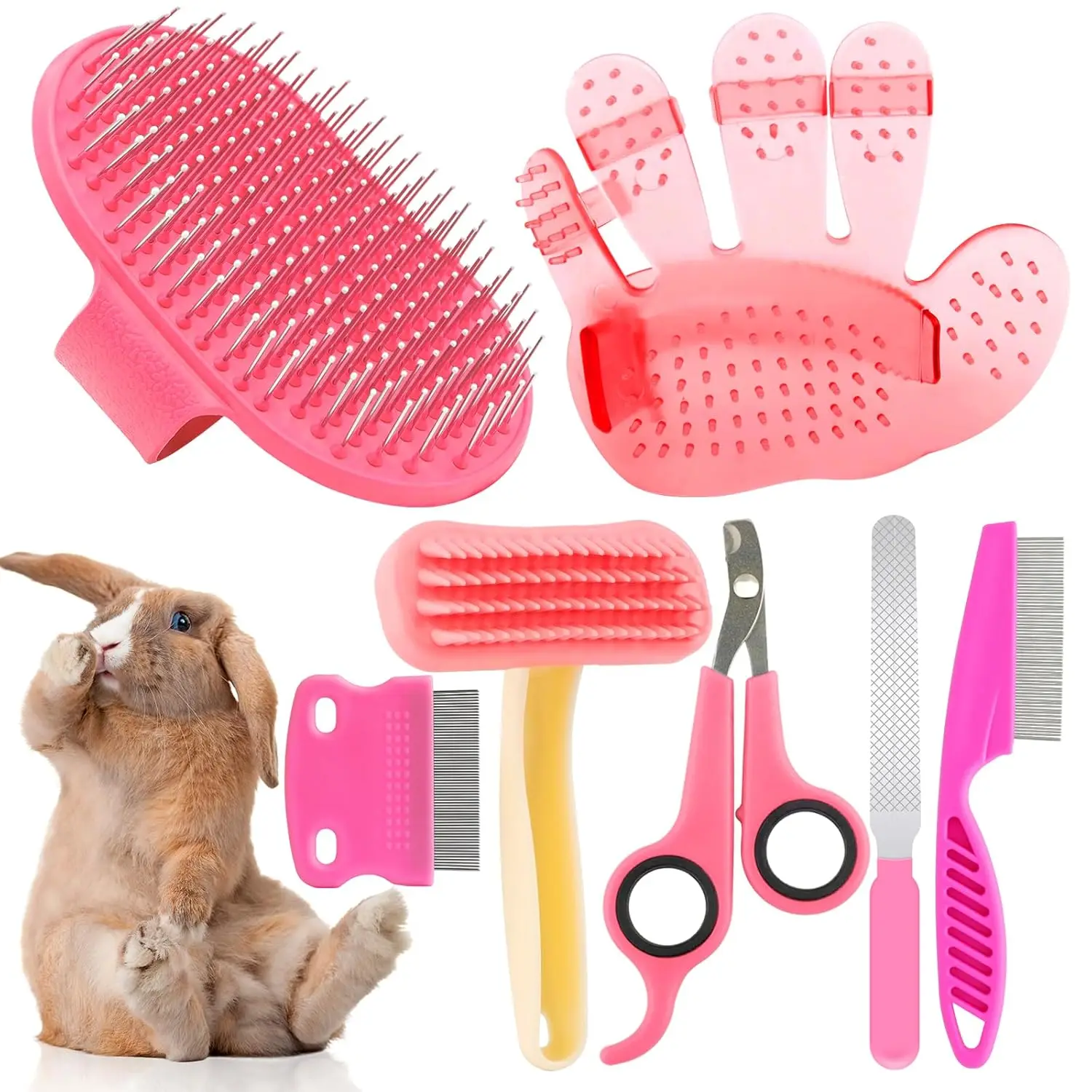 7-in-1 Rabbit Grooming Kit: Brush, Nail Clipper, Combs for Small Pets - Pink
7-in-1 Rabbit Grooming Kit: Brush, Nail Clipper, Combs for Small Pets - Pink