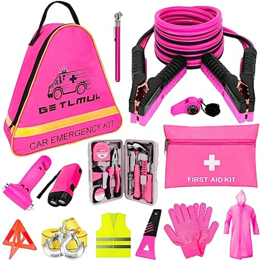 Pink Car Emergency Kit Premium Roadside Emergency Car Accessories Kit with Jumper Cables Flashlight Shovel Toolbox Set in Pink
Pink Car Emergency Kit Premium Roadside Emergency Car Accessories Kit with Jumper Cables Flashlight Shovel Toolbox Set in Pink