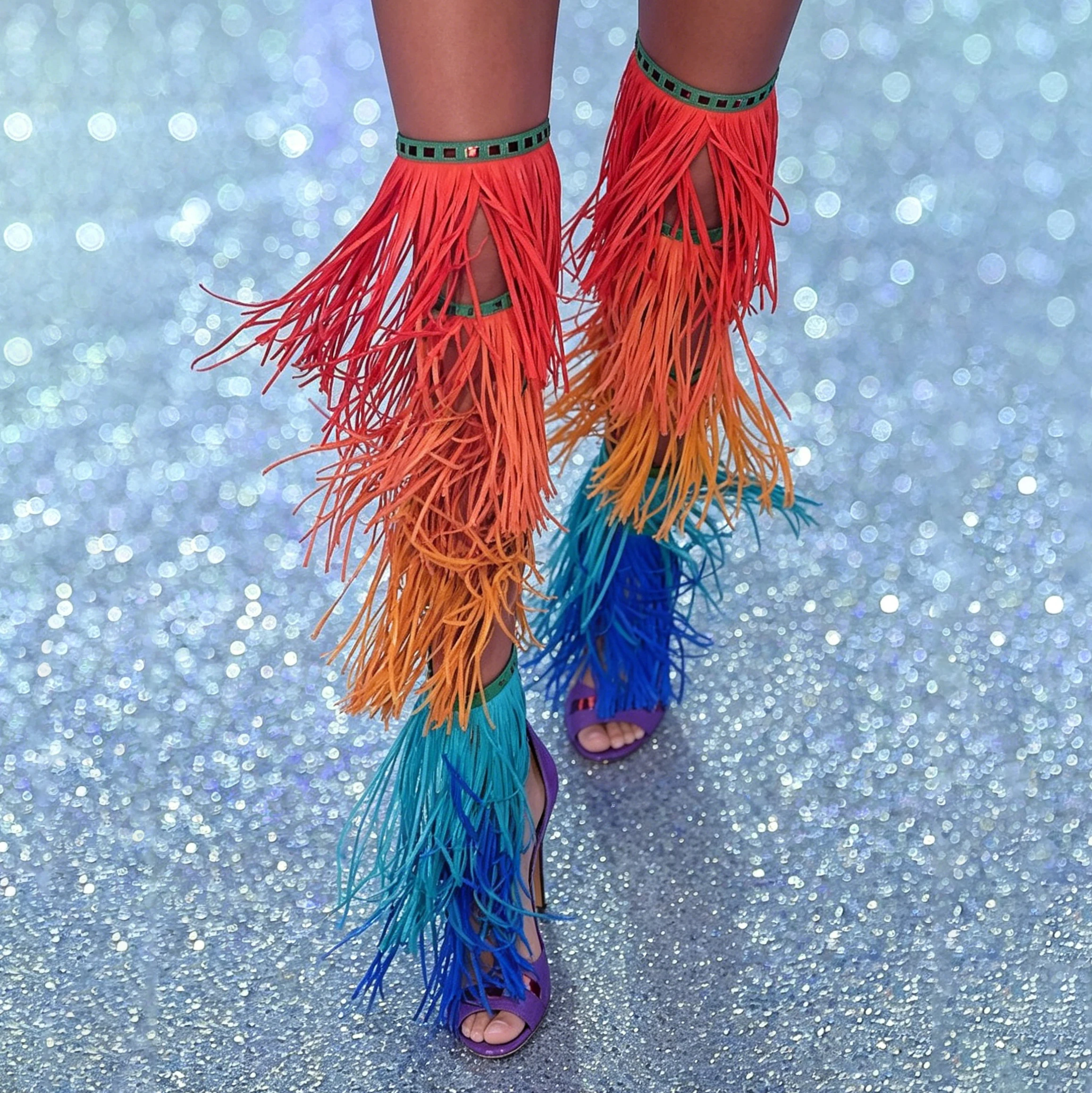 Multicolor Fringe High Heel over the Knee Boots Stilettos Heel Sandals Peep Toe Women Summer Shoes for Festival Party Stage
Multicolor Fringe High Heel over the Knee Boots Stilettos Heel Sandals Peep Toe Women Summer Shoes for Festival Party Stage