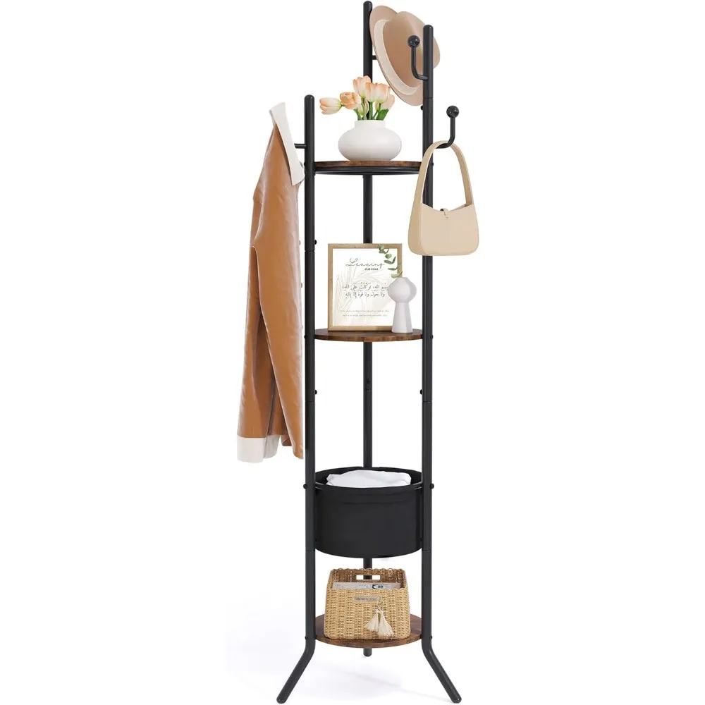 Coat Rack Freestanding, Round Coat Rack with 3 Wooden Shelves and 1 Fabric Basket, Metal Clothes Tree with 5 Hooks
Coat Rack Freestanding, Round Coat Rack with 3 Wooden Shelves and 1 Fabric Basket, Metal Clothes Tree with 5 Hooks
