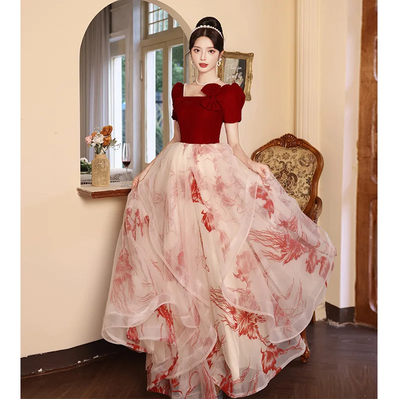 Red Patchwork Bride Toasting Clothes Women Pearl Square Collar Puff Sleeves Banquet Evening Dress Exquisite Elegant Prom Gown
Red Patchwork Bride Toasting Clothes Women Pearl Square Collar Puff Sleeves Banquet Evening Dress Exquisite Elegant Prom Gown