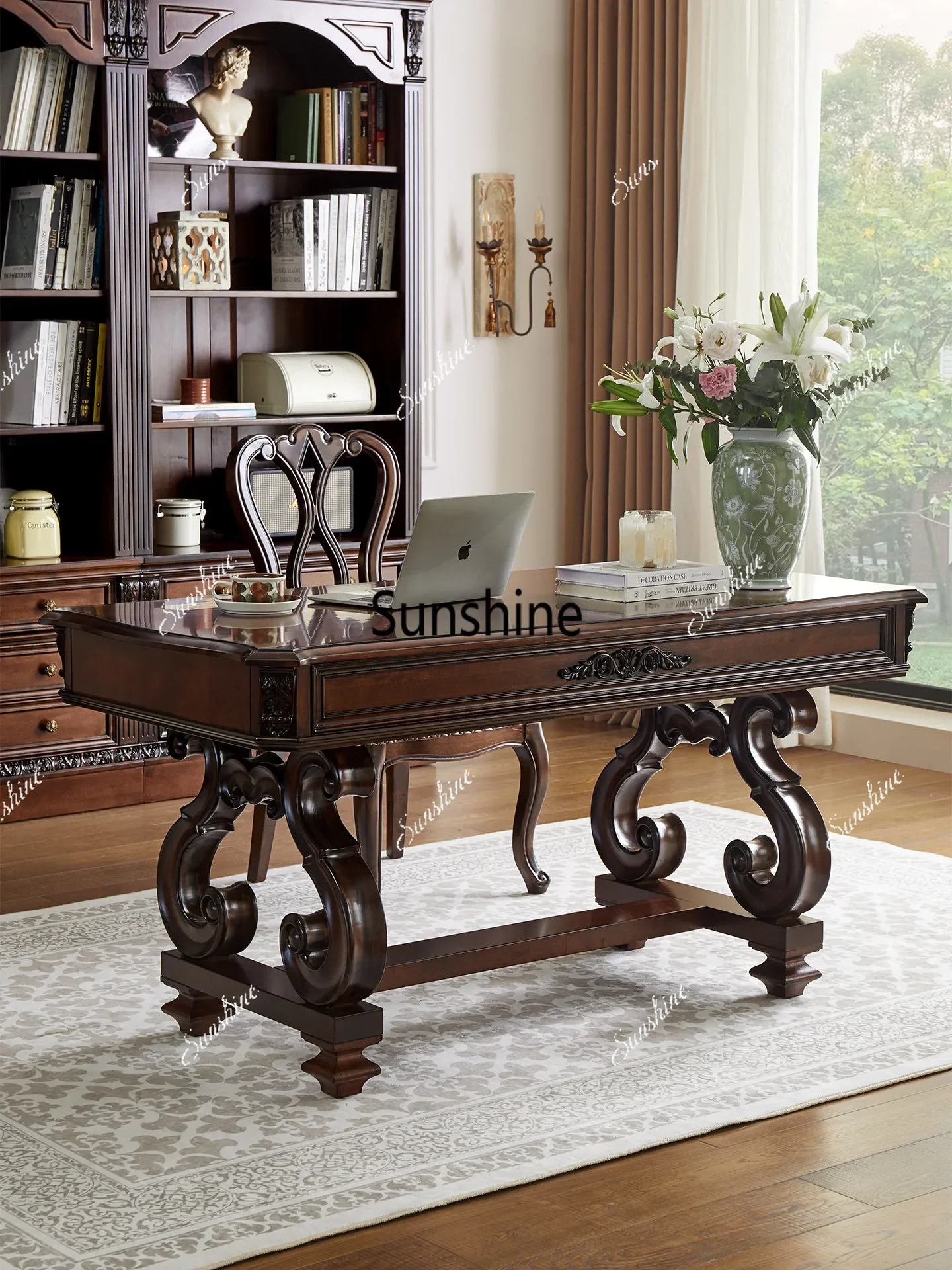 American pure solid wood desk and chair combination carved villa writing desk
American pure solid wood desk and chair combination carved villa writing desk
