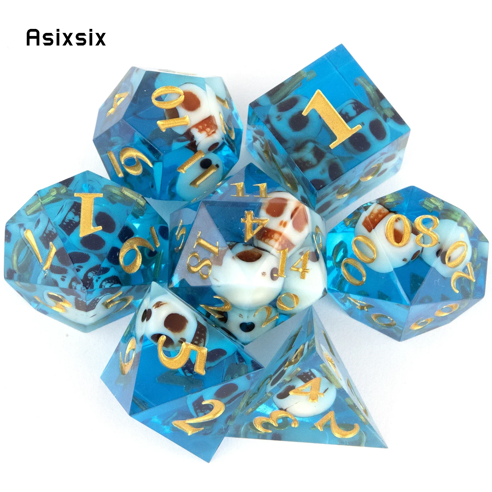 7 Pcs Blue Skull Resin Golden Number Sharp Edge Dice Polyhedral Dice Suitable for Role-Playing RPG Board Game Gift
7 Pcs Blue Skull Resin Golden Number Sharp Edge Dice Polyhedral Dice Suitable for Role-Playing RPG Board Game Gift