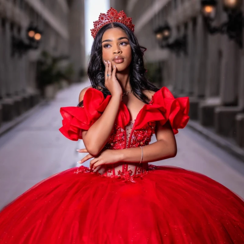 Red Shiny Ball Gown Quinceanera Dresses Applique Lace Beading Crystal Tiered Tull Corset Off Shoulder Sweet 16 Dress vestidos 15
Red Shiny Ball Gown Quinceanera Dresses Applique Lace Beading Crystal Tiered Tull Corset Off Shoulder Sweet 16 Dress vestidos 15