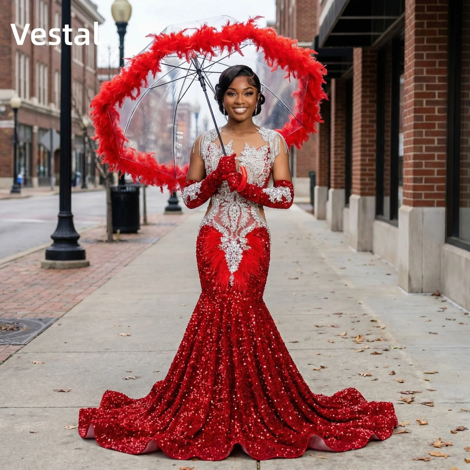 Red Sequin Mermaid Prom Dress with Sheer Beaded Bodice Feather Accent Evening Gown Customized
Red Sequin Mermaid Prom Dress with Sheer Beaded Bodice Feather Accent Evening Gown Customized