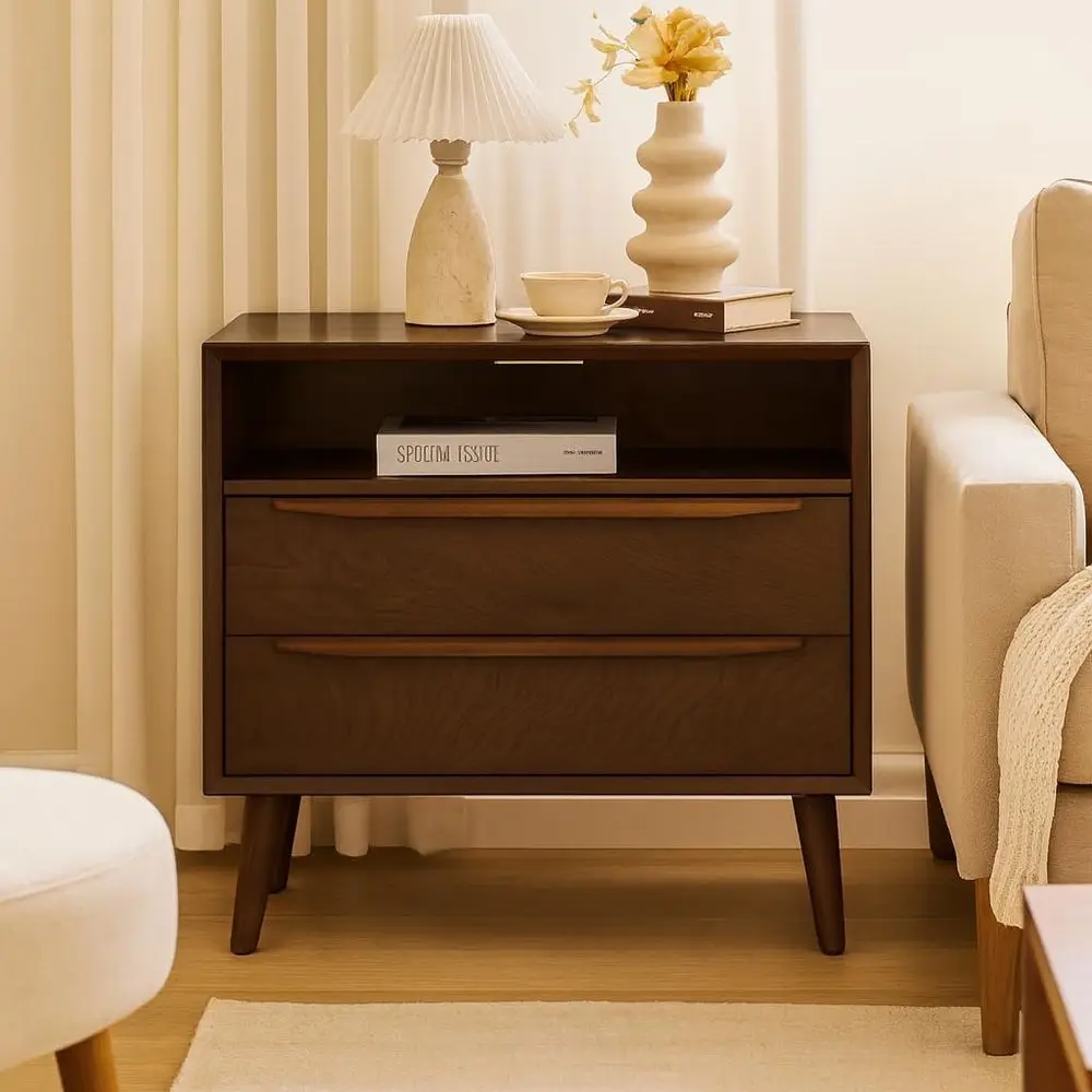 Walnut Modern 2-Drawer End Table with Charging Station and Open Shelf
Walnut Modern 2-Drawer End Table with Charging Station and Open Shelf