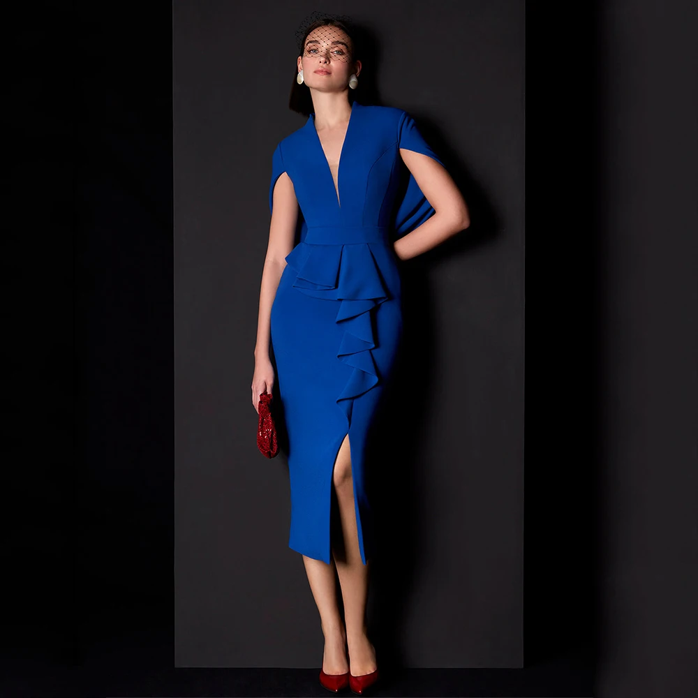 Dark Royal Blue Wedding Guest Dresses for Women Tea Length Column Mother of the Bride Gowns Midi V Neck Ruffle Formal Party Gown
Dark Royal Blue Wedding Guest Dresses for Women Tea Length Column Mother of the Bride Gowns Midi V Neck Ruffle Formal Party Gown