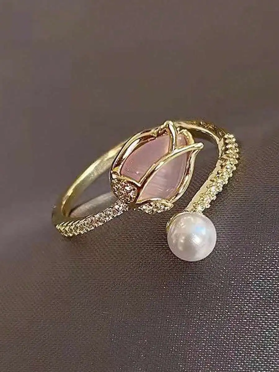 Adjustable Tulip Flower Ring With Pink Crystal And Pearl Women Fashion Jewelry For Wedding Party
Adjustable Tulip Flower Ring With Pink Crystal And Pearl Women Fashion Jewelry For Wedding Party